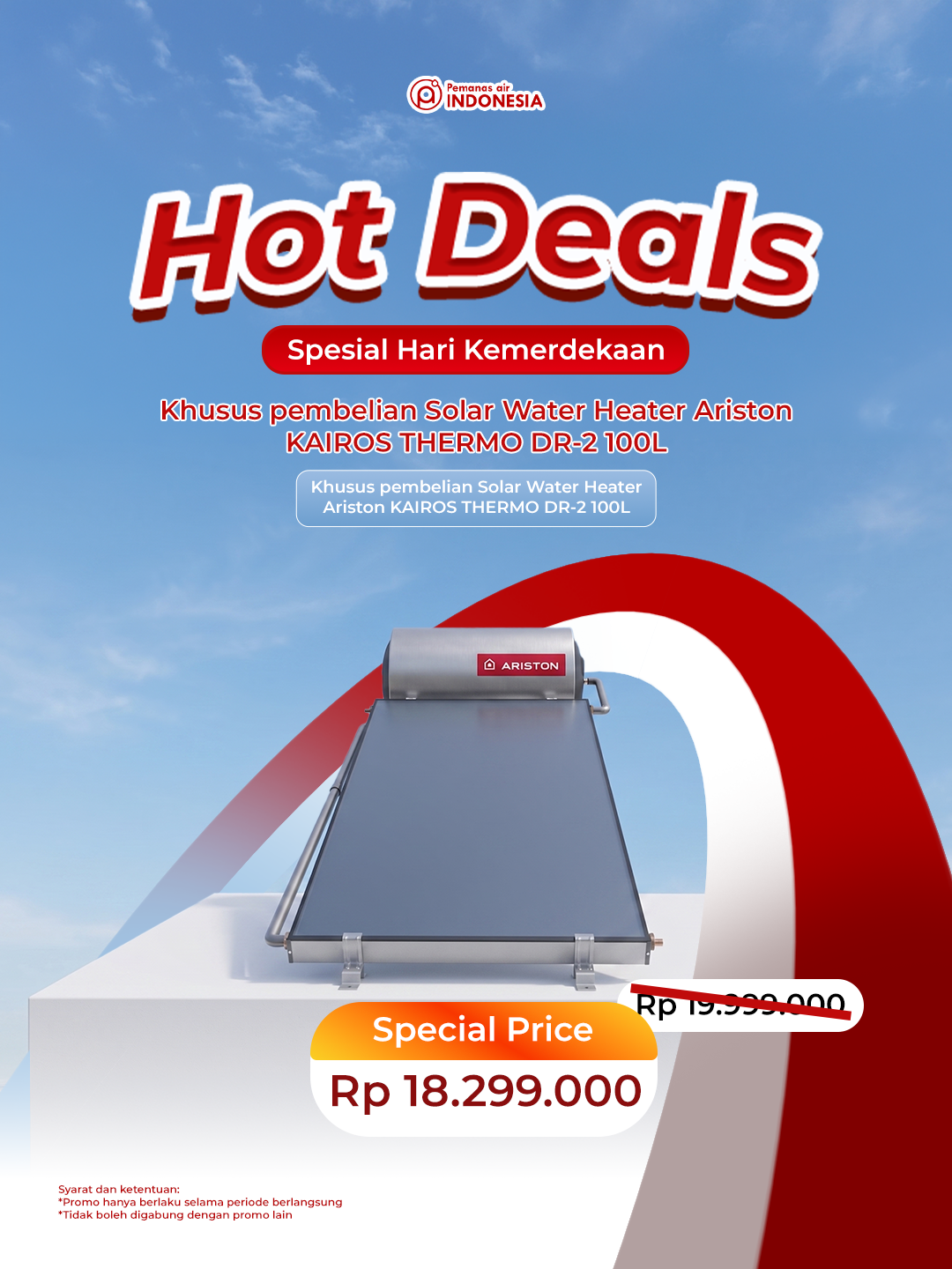 Hot Deals Promo Kemerdekaan - Solar Water Heater Ariston Kairos Thermo DR-2 100L, Special Price Rp 18.299.000, gratis survei dan pemasangan sampai 31 Agustus 2026