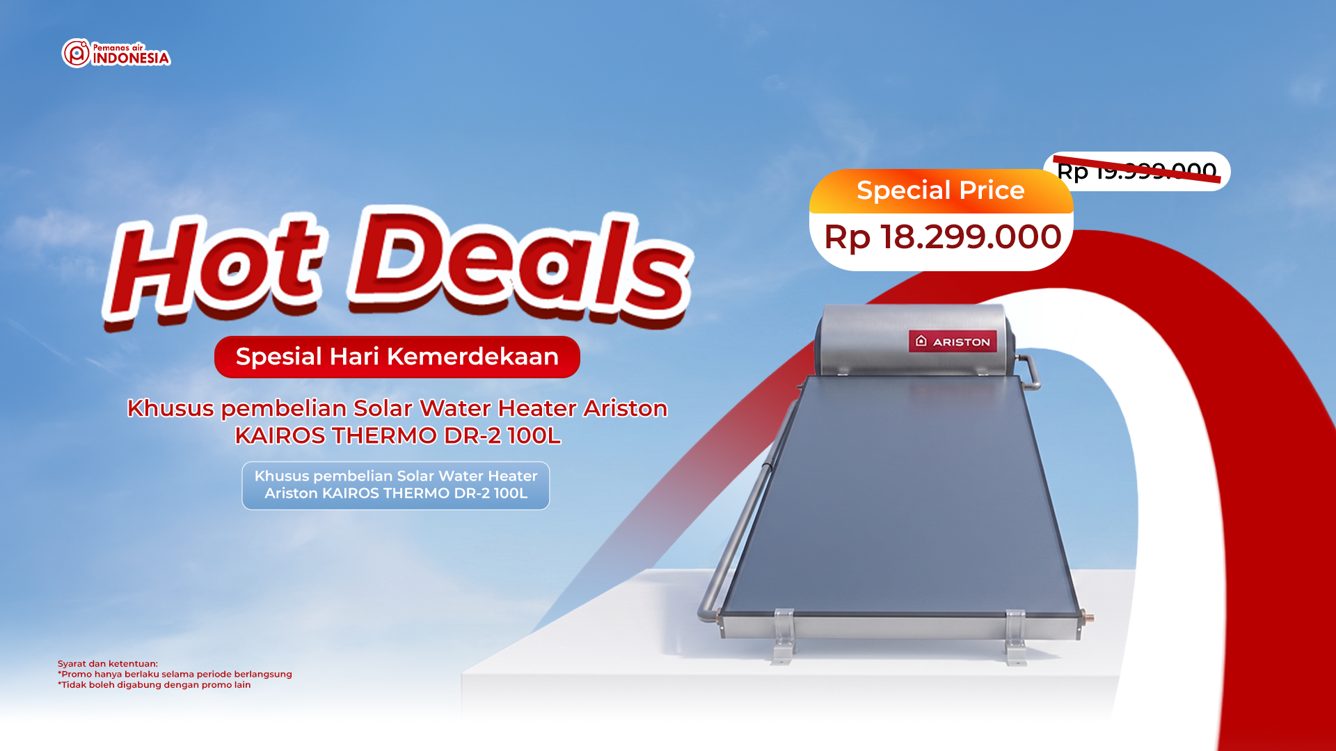 Hot Deals Promo Kemerdekaan - Solar Water Heater Ariston Kairos Thermo DR-2 100L, Special Price Rp 18.299.000, gratis survei dan pemasangan sampai 31 Agustus 2026
