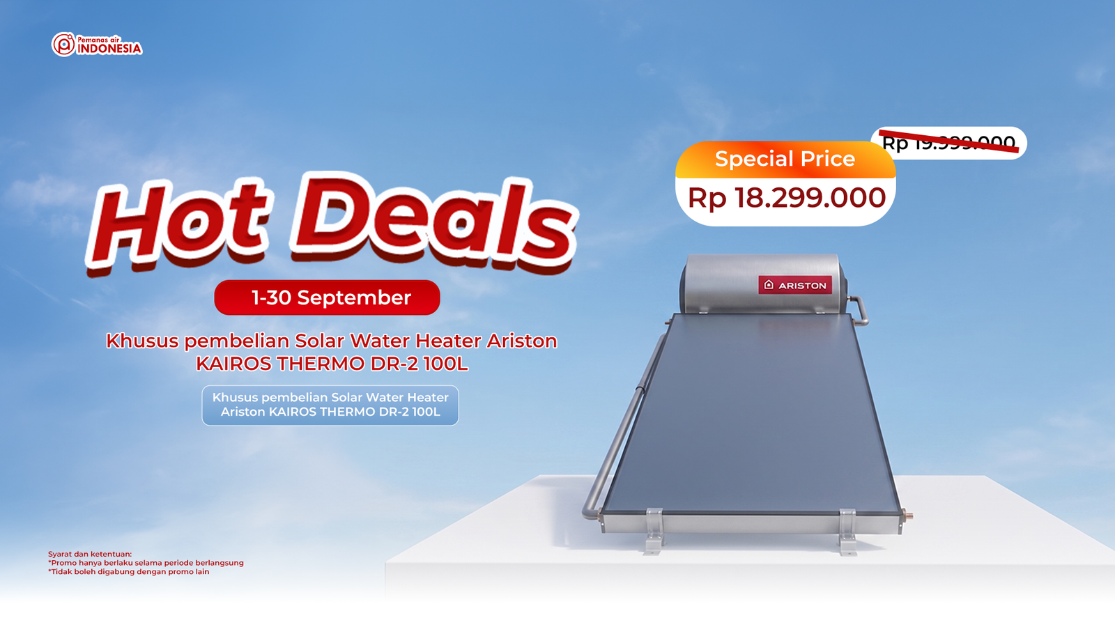 Hot Deals Promo Kemerdekaan - Solar Water Heater Ariston Kairos Thermo DR-2 100L, Special Price Rp 18.299.000, gratis survei dan pemasangan sampai 30 September 2026